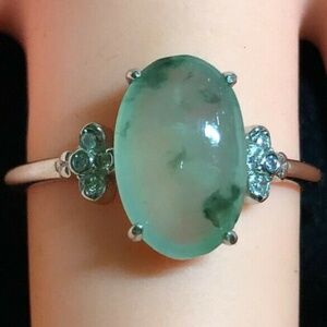 Semi Icy "Green Flower" Jadeite Myanmar Jade (Type A) Cabochon Burma Silver Ring